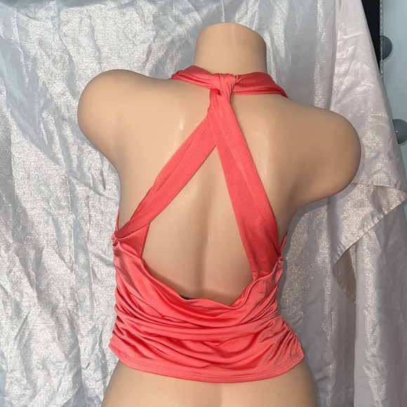 Guess tank sexy blouse orange coral rutched slinky y2k open back cross cross y2k - Picture 2 of 7